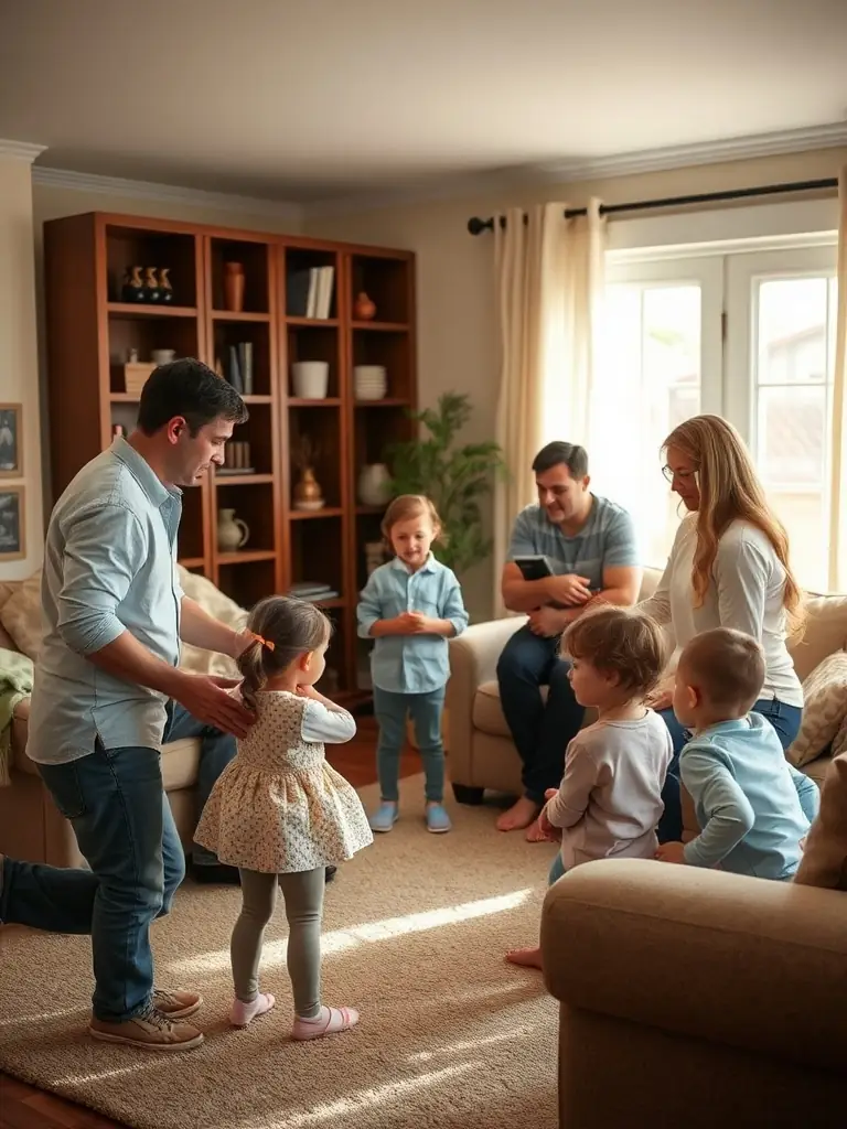 A family participating in a home security drill in their living room.