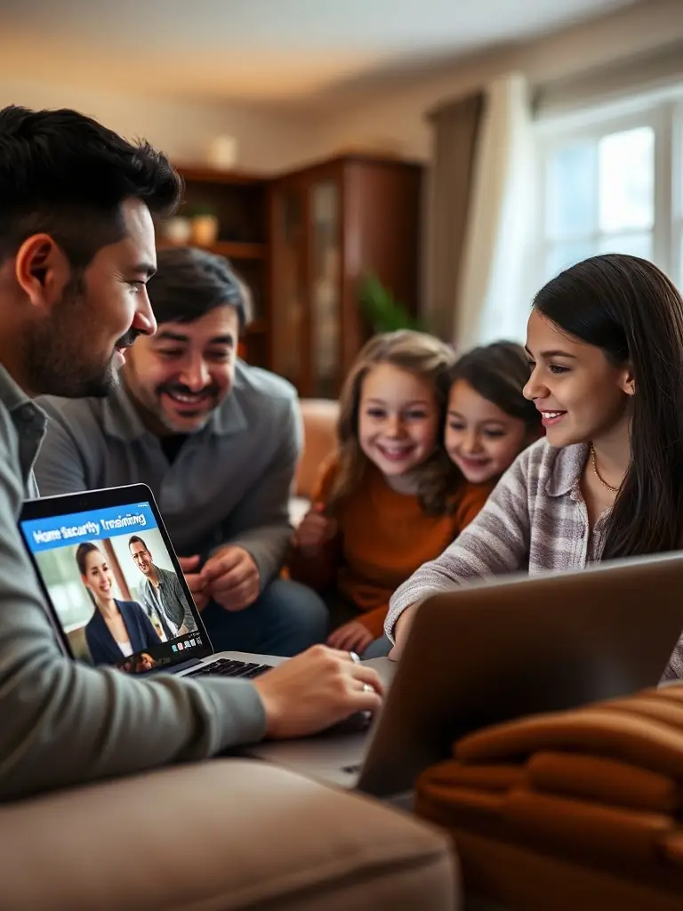 A family watching a home security training video on a laptop in their living room.