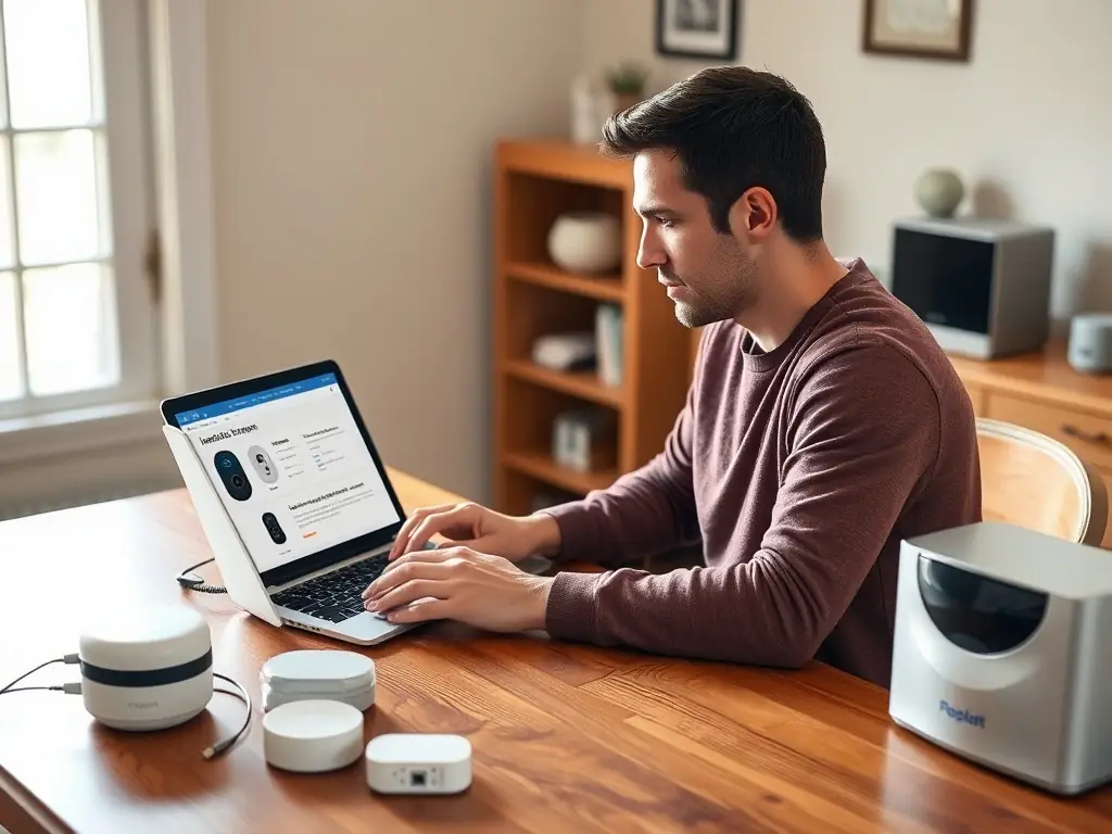 A homeowner using a laptop to follow a guide for installing a security system.