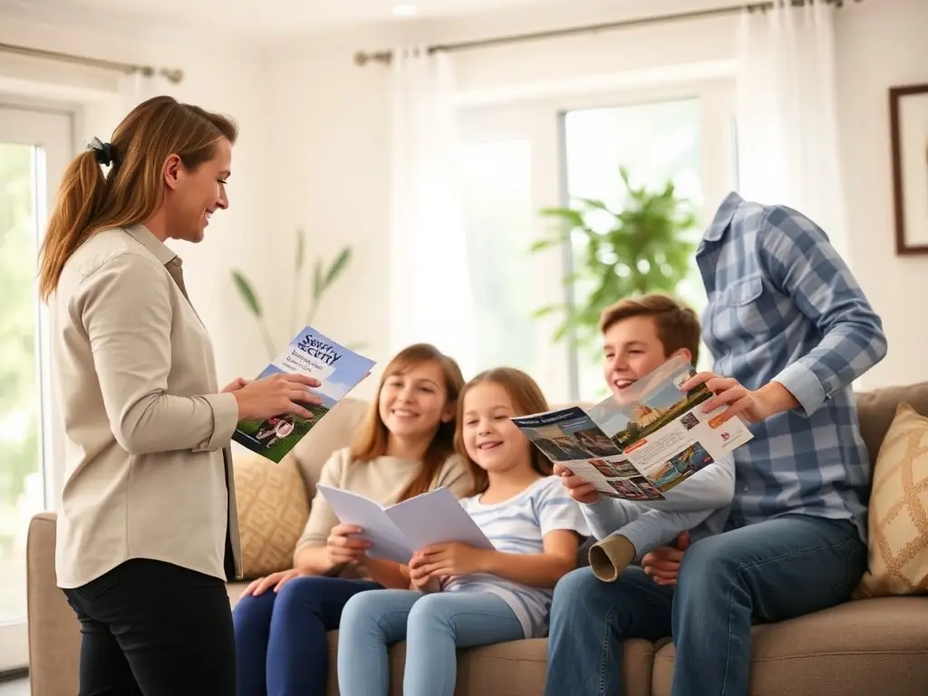 A family in a living room with a security consultant discussing safety measures.